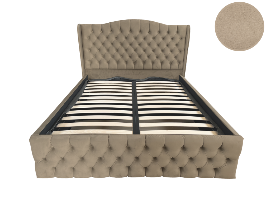 Pat dublu tapițat RIVENTO cu picioare, spațiu de depozitare și somieră rabatabilă